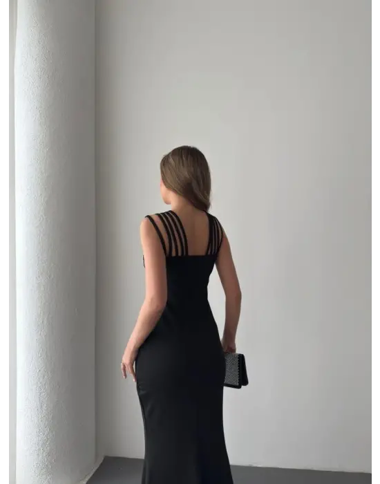 Kadın Omuz çoklu Askılı önü Taş Işlemeli Balık Kesim Janjan Krep Maxi Boy Elbise