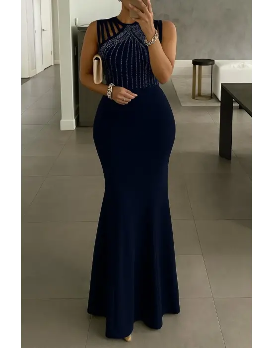 Kadın Omuz çoklu Askılı önü Taş Işlemeli Balık Kesim Janjan Krep Maxi Boy Elbise