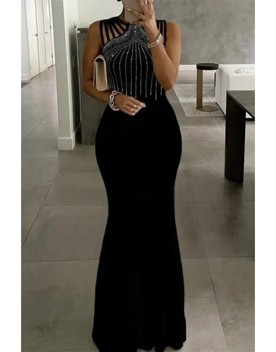 Kadın Omuz çoklu Askılı önü Taş Işlemeli Balık Kesim Janjan Krep Maxi Boy Elbise