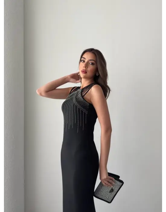 Omarı Taş Detaylı Omuz Askılı Kadın Maxi Elbise