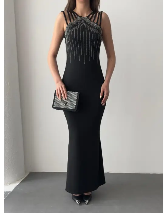 Kadın Omuz çoklu Askılı önü Taş Işlemeli Balık Kesim Janjan Krep Maxi Boy Elbise