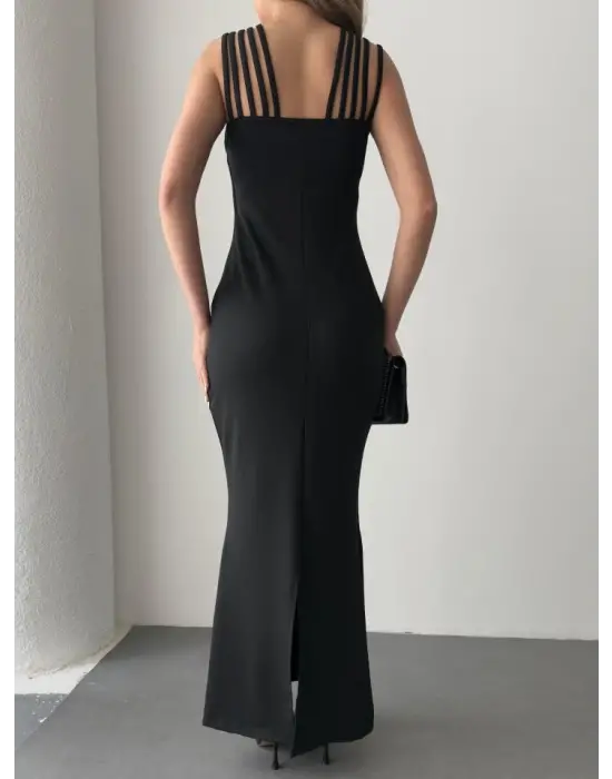 Kadın Omuz çoklu Askılı önü Taş Işlemeli Balık Kesim Janjan Krep Maxi Boy Elbise