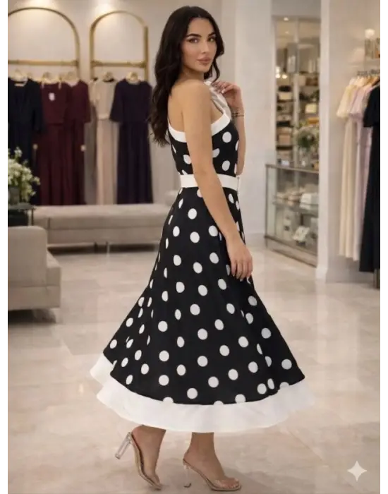 Kadın Omuz Dekolteli Fiyonk Ve Puantiye Detay Maxi Boy Elbise
