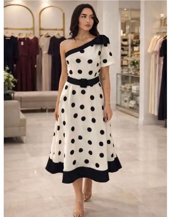 Kadın Omuz Dekolteli Fiyonk Ve Puantiye Detay Maxi Boy Elbise