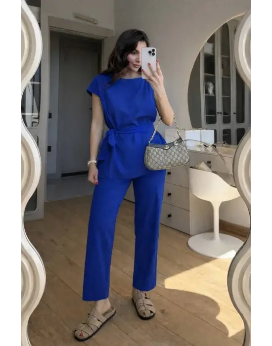 Kadın Omuz Detay Kuşak Dahil Bluz Ve Pantolon Keten Kumaş Ikili Takım