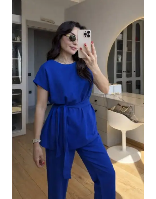 Kadın Omuz Detay Kuşak Dahil Bluz Ve Pantolon Keten Kumaş Ikili Takım