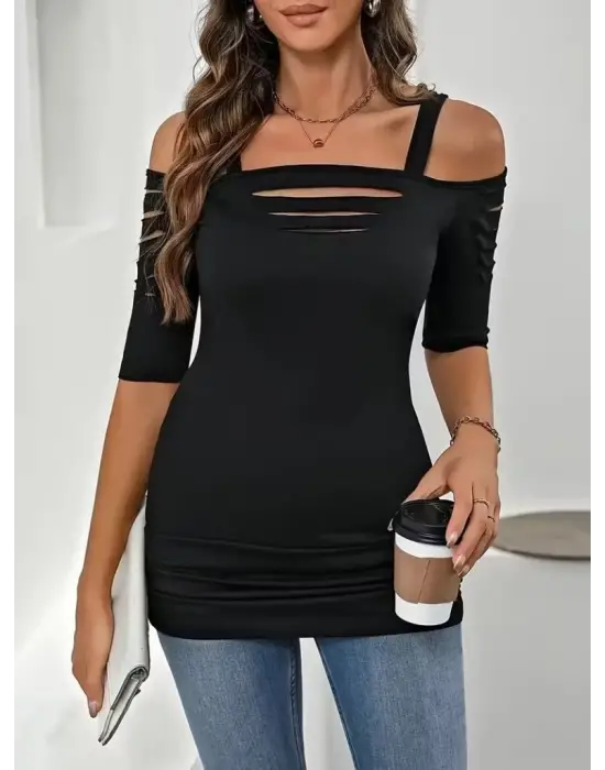 Kadın Omuzlardan Açık Askılı Lazer Kesim Detaylı Viskon Bluz