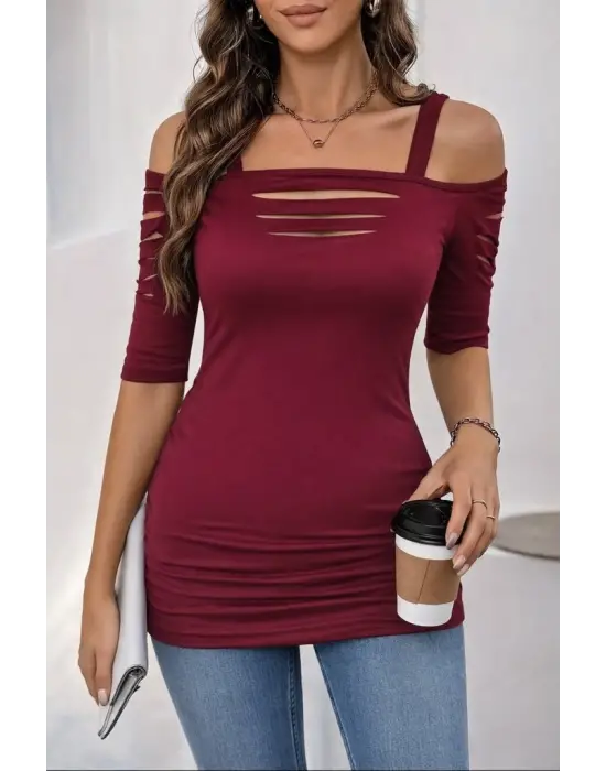 Kadın Omuzlardan Açık Askılı Lazer Kesim Detaylı Viskon Bluz