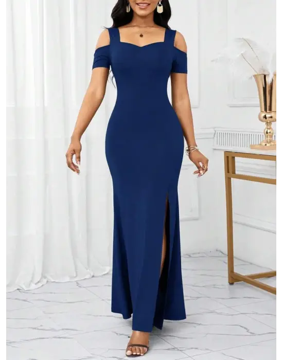 Kadın Omuzlardan Açık Askılı Yırtmaç Detaylı Uzun Ithal Krep Elbise