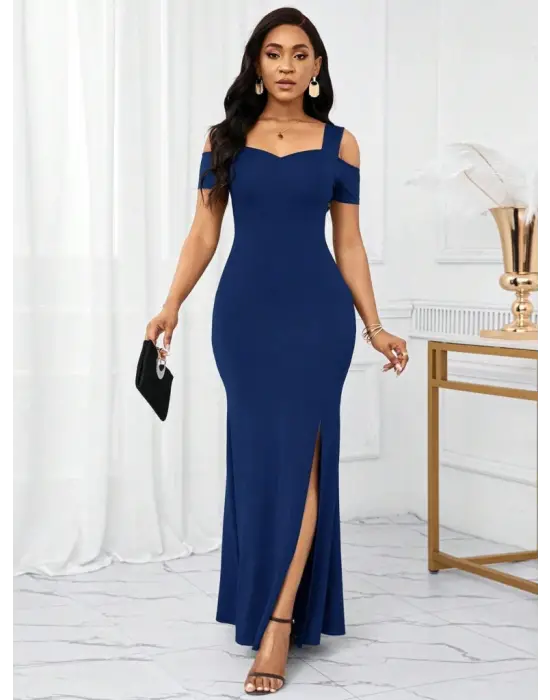 Kadın Omuzlardan Açık Askılı Yırtmaç Detaylı Uzun Ithal Krep Elbise