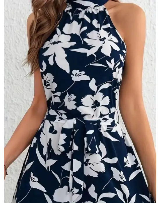 Kadın Omuzlardan Açık Balıkçı Yakalı Kuşaklı Desenli Kısa Süprem Elbise