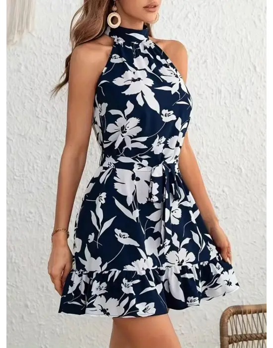 Kadın Omuzlardan Açık Balıkçı Yakalı Kuşaklı Desenli Kısa Süprem Elbise