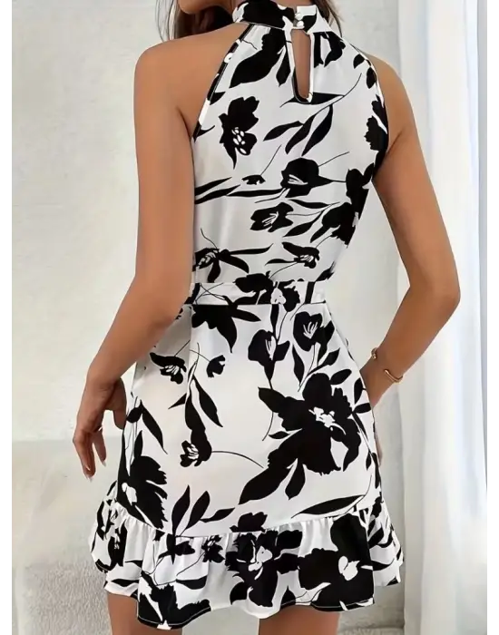 Kadın Omuzlardan Açık Balıkçı Yakalı Kuşaklı Desenli Kısa Süprem Elbise