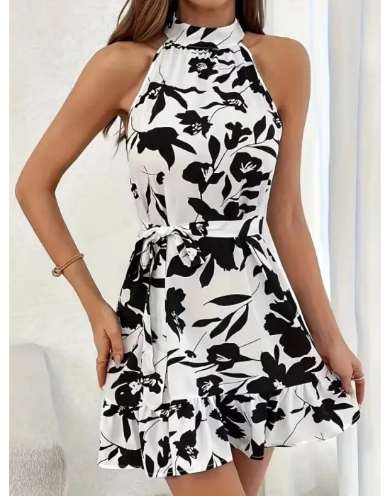 Kadın Omuzlardan Açık Balıkçı Yakalı Kuşaklı Desenli Kısa Süprem Elbise