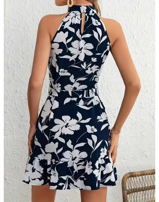 Kadın Omuzlardan Açık Balıkçı Yakalı Kuşaklı Desenli Kısa Süprem Elbise