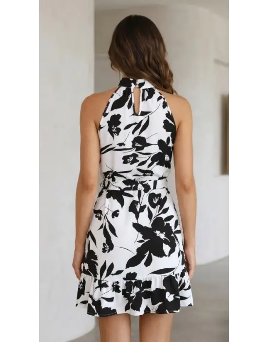 Kadın Omuzlardan Açık Balıkçı Yakalı Kuşaklı Desenli Kısa Süprem Elbise