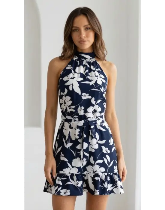 Kadın Omuzlardan Açık Balıkçı Yakalı Kuşaklı Desenli Kısa Süprem Elbise