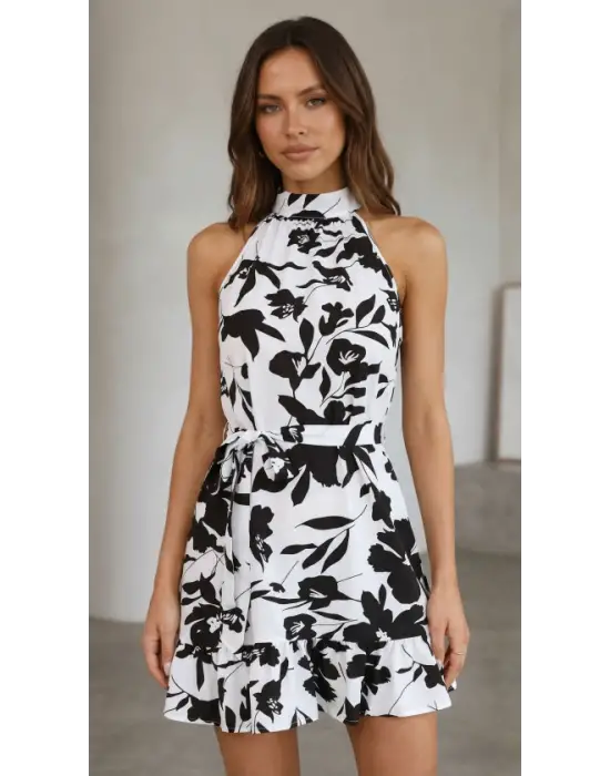 Kadın Omuzlardan Açık Balıkçı Yakalı Kuşaklı Desenli Kısa Süprem Elbise