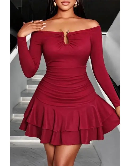 Kadın Omuzlardan Açık Belden Saran Büzgülü Etek Ucu Volanlı Dalgıç Mini Elbise