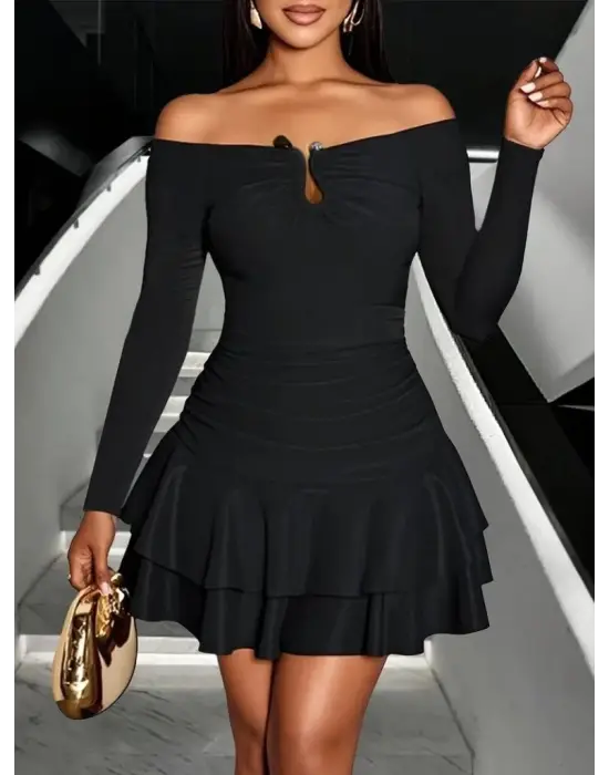 Kadın Omuzlardan Açık Belden Saran Büzgülü Etek Ucu Volanlı Dalgıç Mini Elbise