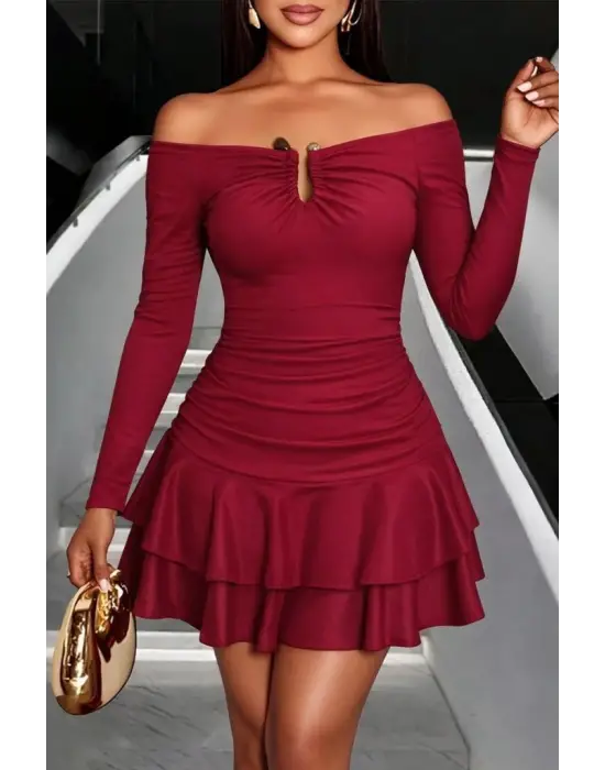 Kadın Omuzlardan Açık Belden Saran Büzgülü Etek Ucu Volanlı Dalgıç Mini Elbise