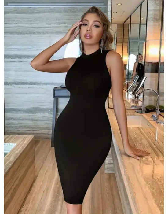 Kadın Omuzlardan Açık Bisiklet Yaka Janjan Krep Elbise