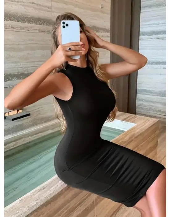 Kadın Omuzlardan Açık Bisiklet Yaka Janjan Krep Elbise