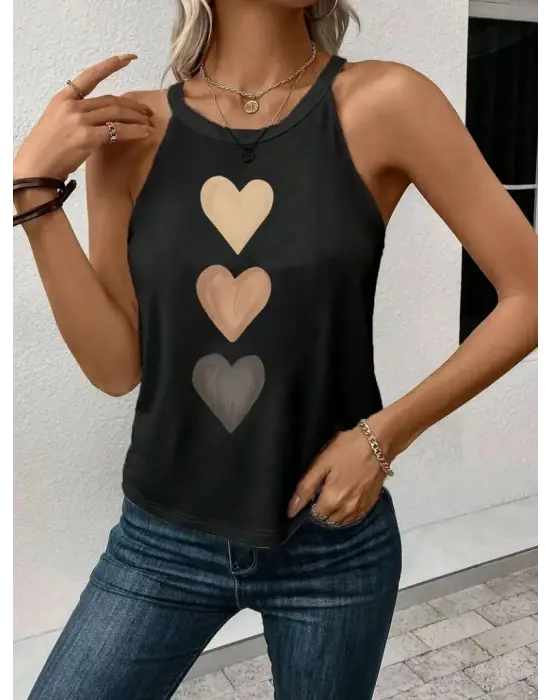 Kadın Omuzlardan Açık Boyundan Askılı Kalp Baskılı Viskon Bluz