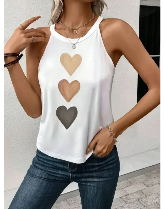 Kadın Omuzlardan Açık Boyundan Askılı Kalp Baskılı Viskon Bluz