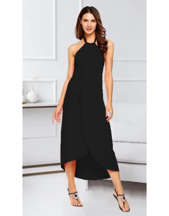 Kadın Omuzlardan Açık Boyundan Geçmeli Asimetrik Kesim Detaylı Viskon Elbise