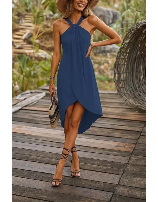 Omarı Asimetrik Kesim Detaylı Viskon Elbise