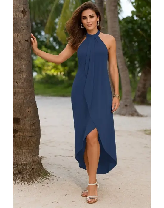 Kadın Omuzlardan Açık Boyundan Geçmeli Asimetrik Kesim Detaylı Viskon Elbise