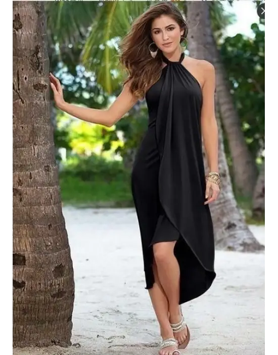 Kadın Omuzlardan Açık Boyundan Geçmeli Asimetrik Kesim Detaylı Viskon Elbise