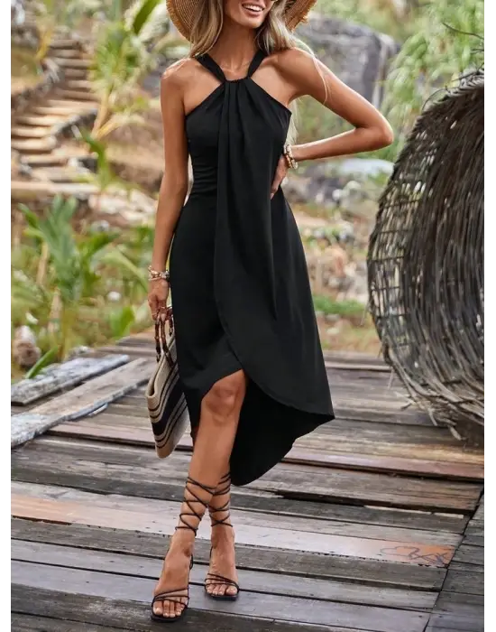 Kadın Omuzlardan Açık Boyundan Geçmeli Asimetrik Kesim Detaylı Viskon Elbise