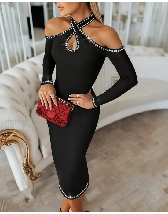 Kadın Omuzlardan Açık Boyundan Geçmeli Damla Detaylı Taşlı Midi Dalgıç Elbise