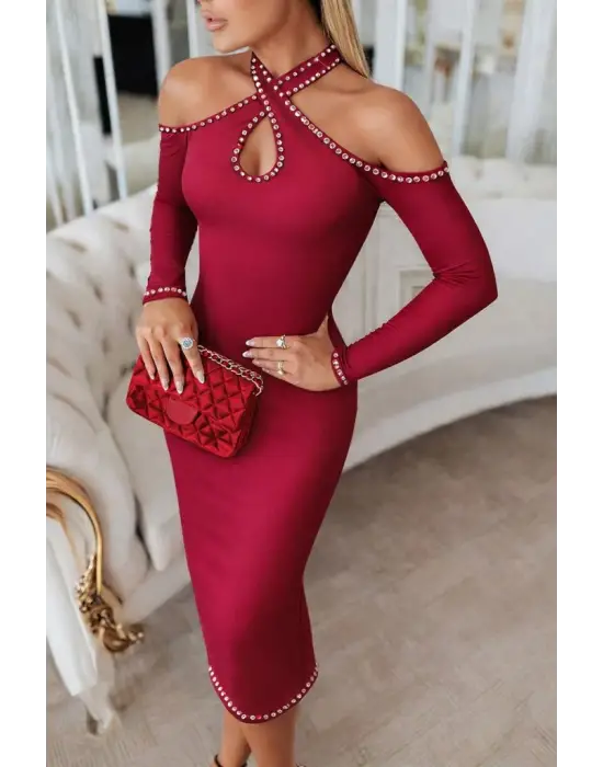 Zarif Taşlı Midi Dalgıç Elbise