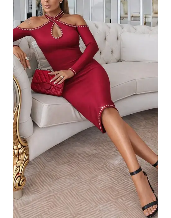 Zarif Taşlı Midi Dalgıç Elbise