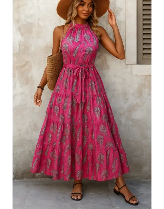 Kadın Omuzlardan Açık Boyundan Geçmeli Desenli Süprem Bluz