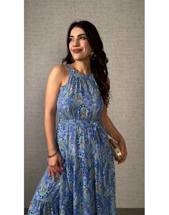 Kadın Omuzlardan Açık Boyundan Geçmeli Desenli Süprem Bluz