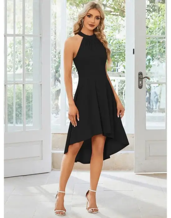 Kadın Omuzlardan Açık Boyundan Halka Detaylı Görünümlü Asimetrik Detaylı Kısa Ithal Krep Elbise