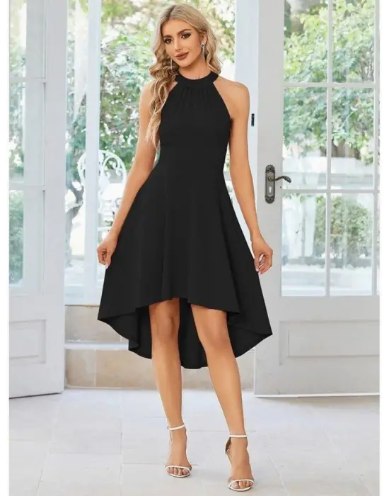 Kadın Omuzlardan Açık Boyundan Halka Detaylı Görünümlü Asimetrik Detaylı Kısa Ithal Krep Elbise