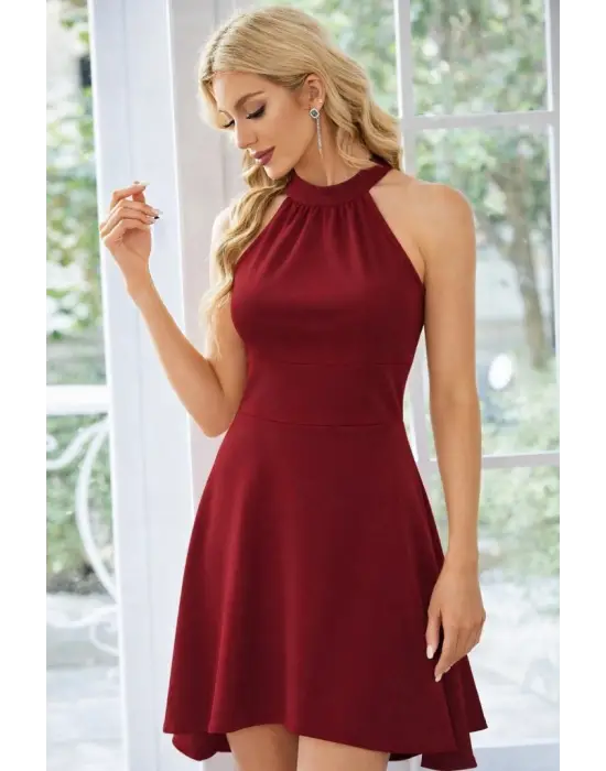 Kadın Omuzlardan Açık Boyundan Halka Detaylı Görünümlü Asimetrik Detaylı Kısa Ithal Krep Elbise