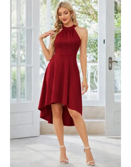 Kadın Omuzlardan Açık Boyundan Halka Detaylı Görünümlü Asimetrik Detaylı Kısa Ithal Krep Elbise