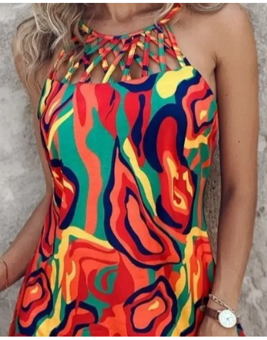 Kadın Omuzlardan Açık çapraz şerit Detaylı Desenli Süprem Elbise