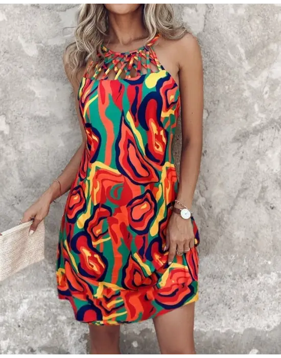 Kadın Omuzlardan Açık çapraz şerit Detaylı Desenli Süprem Elbise