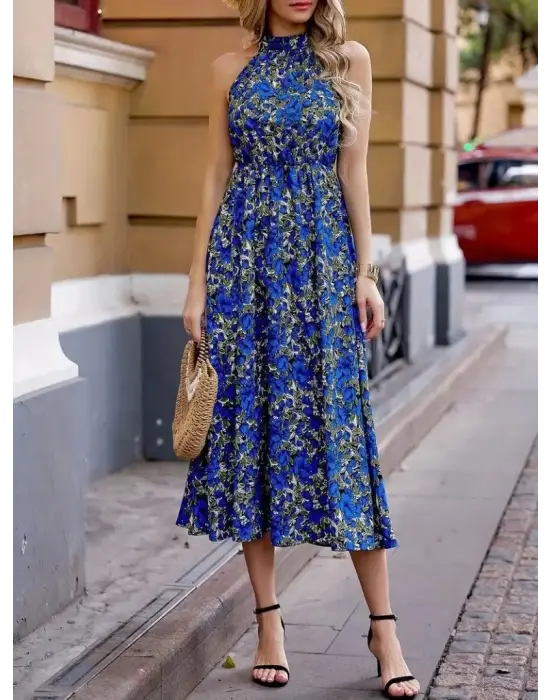 Omarı Desenli Maxi Uzun Elbise