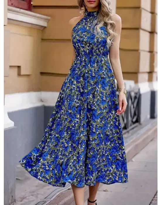 Omarı Desenli Maxi Uzun Elbise