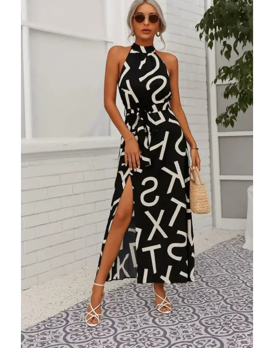 Kadın Omuzlardan Açık Halter Yakalı Yırtmaçlı çiçek Desenli Süprem Elbise