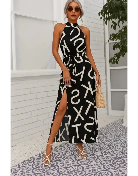 Omarı Çiçek Desenli Yırtmaçlı Süprem Elbise