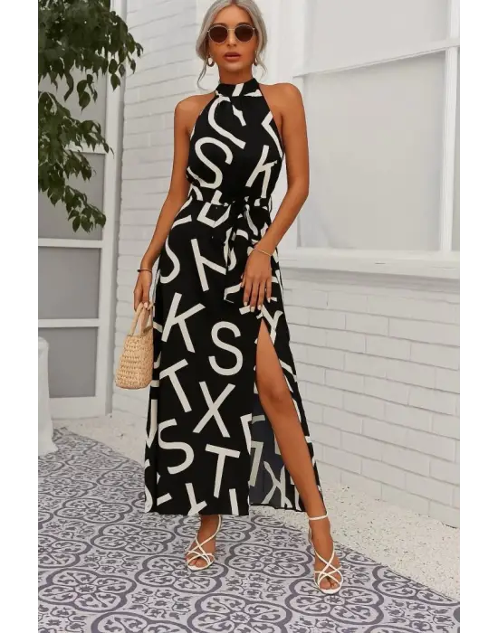 Omarı Çiçek Desenli Yırtmaçlı Süprem Elbise